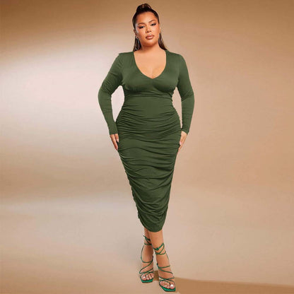 Plus Size Women Clothing Sexy V neck Dress Autumn Winter High Waist Ruched Slim Fit Pencil