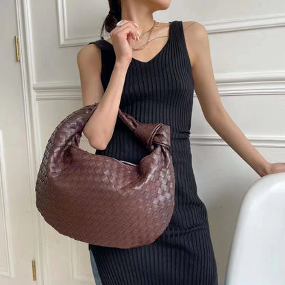 High Sense Woven Bag Women Large Capacity Handmade Croissant Knotted Bag One Shoulder Bag