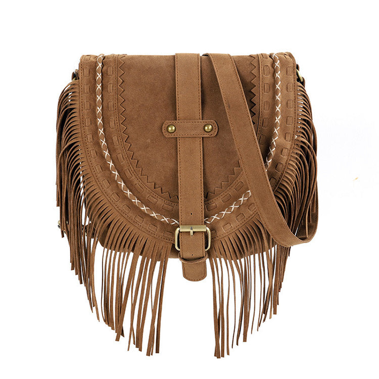 Double Sided Suede Handmade Large Capacity Tassel Bag Women Retro Khaki Ethnic Messenger Bag