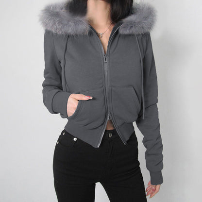 Retro Loose Solid Color with Fur Warm Double Headed Zipper Cardigan Sweatshirt Fall Winter Hooded Furry Splicing Coat