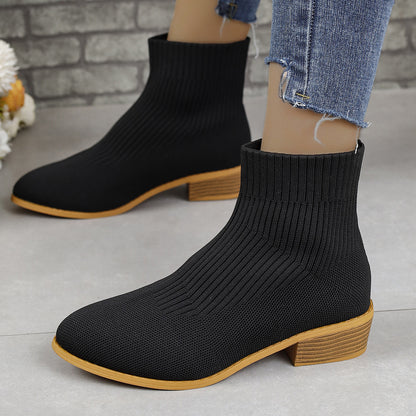 Pointed Toe Short Tube Martin Boots Women Sleeve Chunky Heel Mid Heel Mesh Breathable Socks Boots