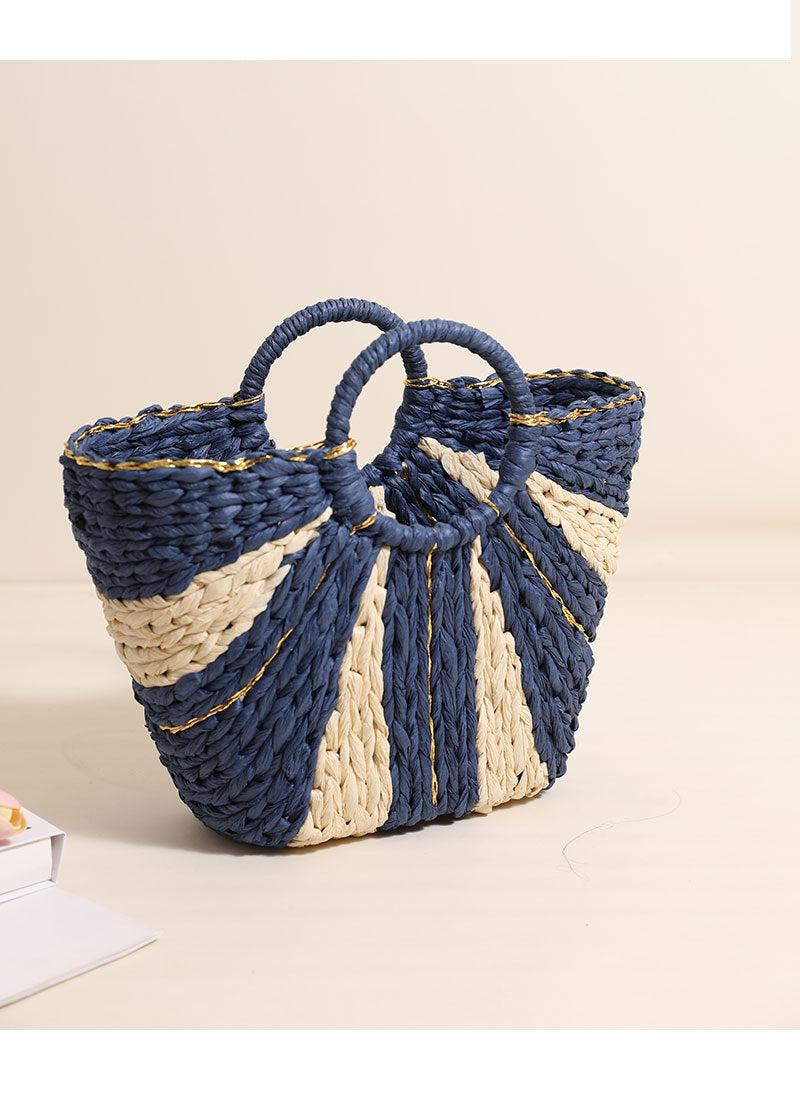 Golden Silk Thread Portable Straw Weaved Bag Large Capacity Tote Vegetable Basket Bag Vacation Beach Bag Hand Carrying Woven Bag