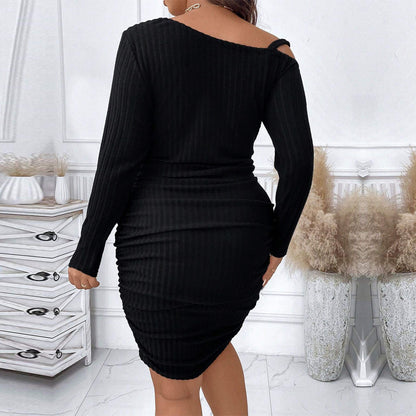 Plus Size Women Elegant Intellectual Dress Autumn Winter Diagonal Collar Adult Lady Like Woman High Waist Short Dress