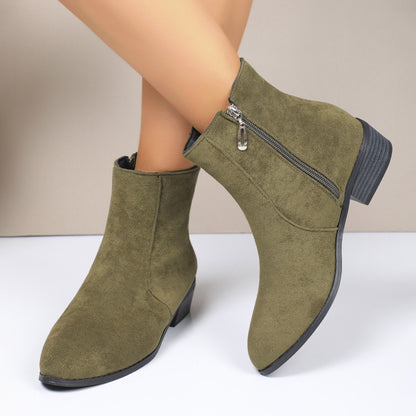 Suede Short Martin Boots Women Thick Heel with British Side Thin Coat with Zip Ankle Boots