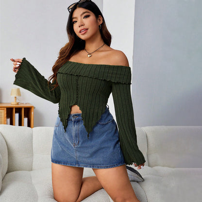 Plus Size Women Clothes Sexy Off Shoulder Off Shoulder Irregular Asymmetric Short Long Sleeve Top