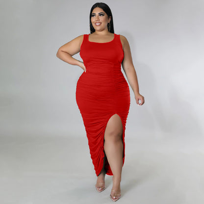 Plus Size Summer Solid Color Sleeveless Slim Fit Fold Split Dress