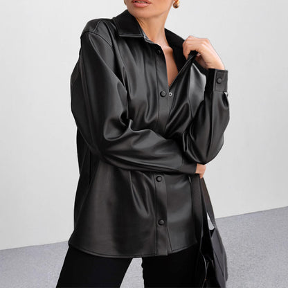 Fleece lined Artificial Leather Loose Locomotive Black Leather Coat Coat Fall Winter Coat Women