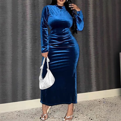 Plus Size Women Elegant Dignified Western Sheath Zipper Slit Long Sleeve Dress