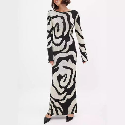 Autumn Winter Women Clothing Elegant Printed Long Sleeve Dress Animal A Long Sweater Dress