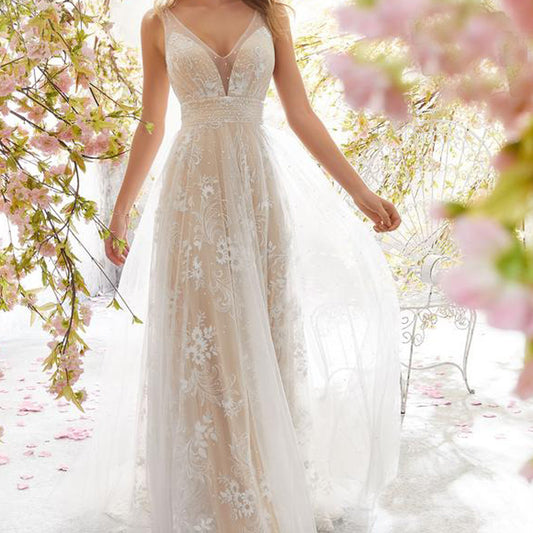 Wedding Dress Sexy V neck Sleeveless Lace Wedding Dress