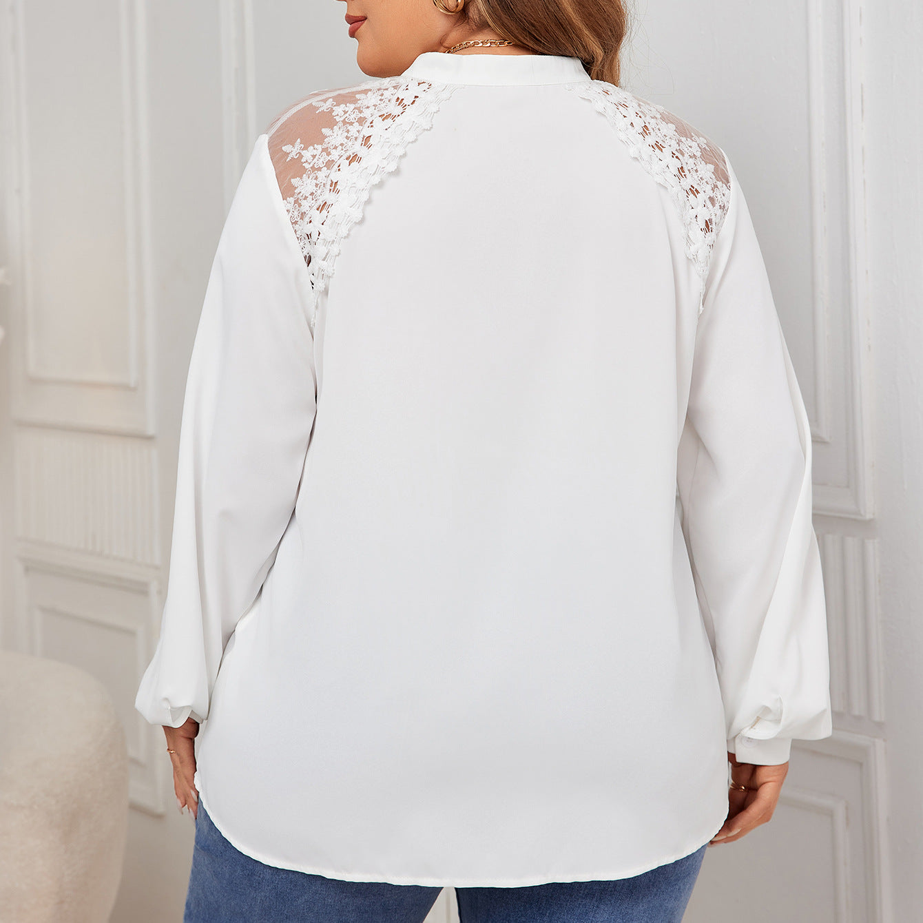 V Neck Lace Stitching Shirt Autumn Long Sleeve White Top