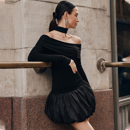 Autumn Retro Graceful Fashionable off Shoulder Long Sleeve off the Shoulder Stitching Short Tulle Tutu Dress Women Puffy dress