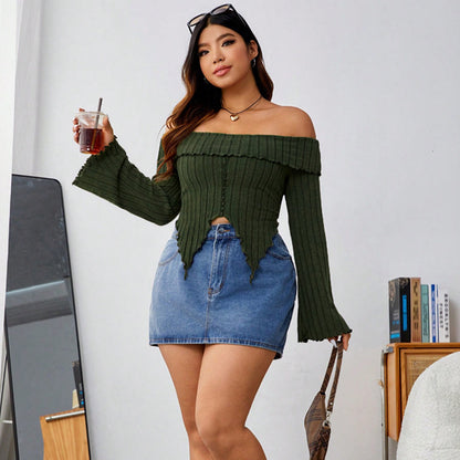 Plus Size Women Clothes Sexy Off Shoulder Off Shoulder Irregular Asymmetric Short Long Sleeve Top