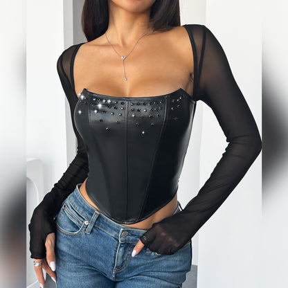 Fall Women Clothing Long Sleeve Sexy Faux Leather Wrapped Chest Set Diamond Boning Corset Bra Mesh Top