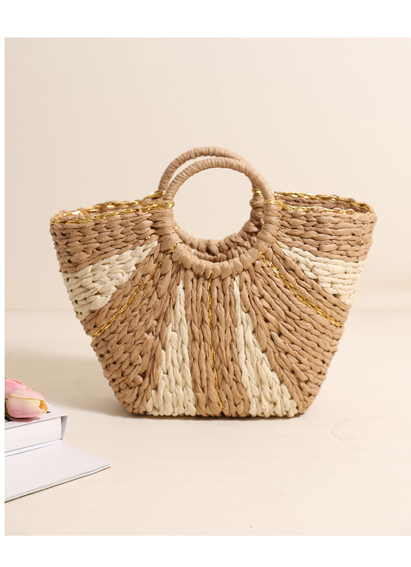 Golden Silk Thread Portable Straw Weaved Bag Large Capacity Tote Vegetable Basket Bag Vacation Beach Bag Hand Carrying Woven Bag