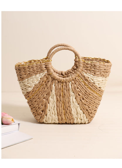 Golden Silk Thread Portable Straw Weaved Bag Large Capacity Tote Vegetable Basket Bag Vacation Beach Bag Hand Carrying Woven Bag