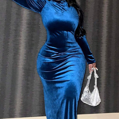 Plus Size Women Elegant Dignified Western Sheath Zipper Slit Long Sleeve Dress