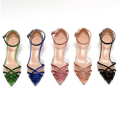 Pointed Toe Stiletto Color Block Transparent Upper Pumps 8.5cm Party Heels Women Shoes