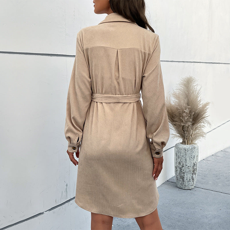 Autumn Dress Long Sleeve Solid Color Corduroy Shirt Dress