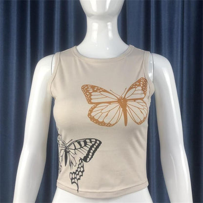 Women Clothing Summer Butterfly Print Sleeveless Cropped round Neck Vest Top T shirt Women