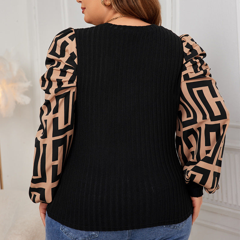 Plus Size Round Neck Slimming Shirt Personalized Printing Thread Knitted Vest Loose Long Sleeve Top